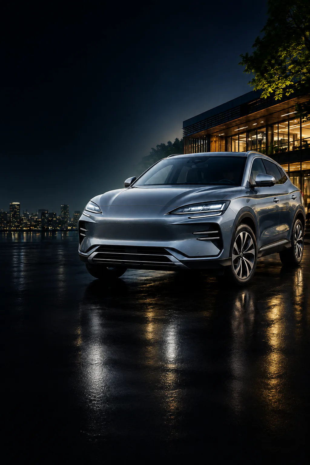 SUV cinza em frente a uma construção moderna iluminada durante a noite.